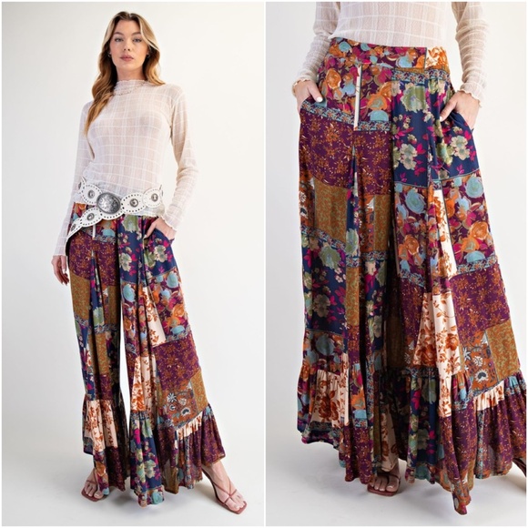 Easel Floral Print Patchwork Stretchy Waist Ruffle Hem Wide leg Pants - Picture 1 of 3